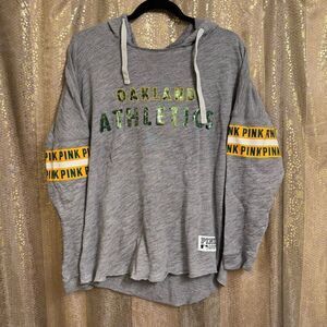 PINK Victorias Secret Oakland A's Gray Green Sequin Hoodie Sweater Small